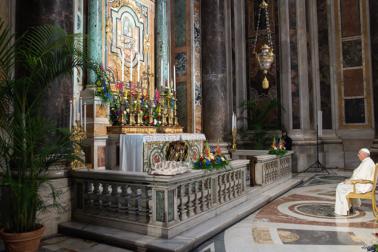 Pope Francis prays the rosary to invoke an end to the COVID-19 pandemic in the Gregorian Chapel at St Peter's Basilica on May 1, 2021.