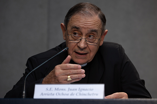 Bishop Juan Ignacio Arrieta Ochoa de Chinchetru, secretary of the Pontifical Council for Legislative Texts, speaks at the press conference where the Vatican announced the amendments to Book VI of the Code of Canon Law. The announcement was made June 1, 2021 at the Holy See Press Office in Vatican City.