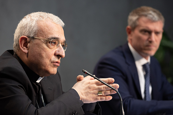 Archbishop Filippo Iannone, the president of the Pontifical Council for Legislative Texts, speaks at the press conference announcing amendments to Book VI of the Code of Canon Law, held June 1, 2021 at the Holy See Press Office in Vatican City.