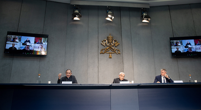 View of the press conference about amendments to Book VI of the Code of Canon Law, held June 1, 2021 at the Holy See Press Office in Vatican City.