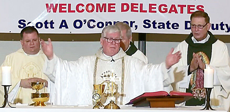 On May 29, 2021, Bishop Frank J. Dewane of Venice, center, celebrated a memorial Mass with the Knights at the Hyatt Regency Ballroom. Joining him for the celebration were Orlando priests Fathers Tim Cummings, far left, and Father Robert Kantor, far right, who both serve as chaplains of diocesan councils, and Msgr. Thomas Skindeleski, state chaplain for the Florida Knights of Columbus.