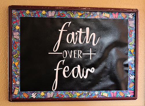 Living a year of "Faith over Fear": Our Lady of the Lakes School in Miami Lakes adopted the motto for the 2020-2021 academic year. Signs, like this one, were displayed all over school, as well as on T-shirts and face masks worn by teachers and faculty, and the message was also shared on social media.
