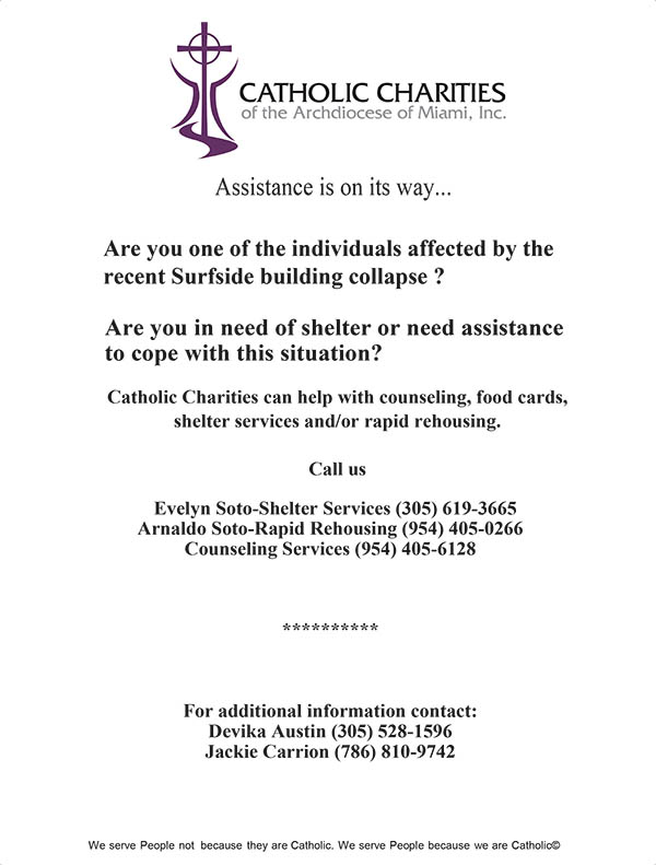 Flyer being passed out by Catholic Charities notes the services the agency offers to those affected by the partial collapse of the Champlain Towers South condominium.