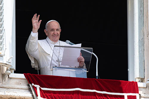 Pope Francis leads the Angelus in St. Peter's Square on July 4, 2021, before being hospitalized for colon surgery. After being released from the hospital July 14, he made his first public appearance at the Vatican for the Angelus on July 18.