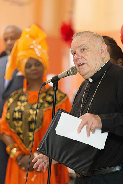 Archbishop Thomas Wenski speaks at the July 21, 2021 blessing and ribbon-cutting of a new community computer literacy center at Notre Dame d'Haiti Mission, the parish he led for 18 years before becoming a bishop.