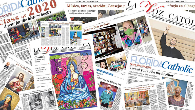 Images of some of the stories, published in 2020 in the Florida Catholic and La Voz Católica, that were honored by the Catholic Media Association in 2021.