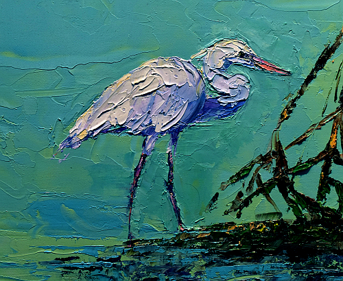 An egret in Bonnie Madeu's picture 'Sunset Over the Mangroves' shows how a palette knife can render even small shapes.