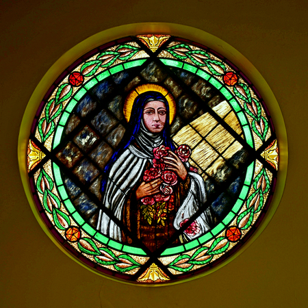 St. Therese of Lisieux is honored in the rose window at Little Flower Church in Hollywood.