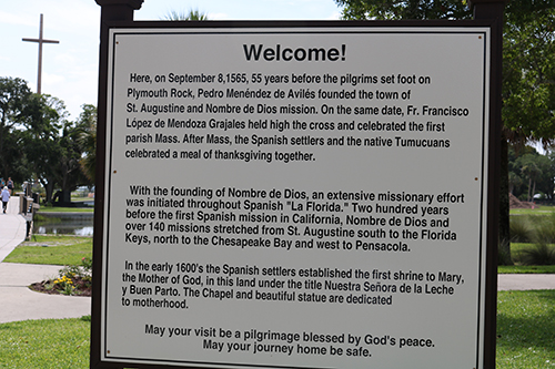 A sign at the  Mission Nombre de Dios, where the national shrine of Our Lady of La Leche welcomes visitors.