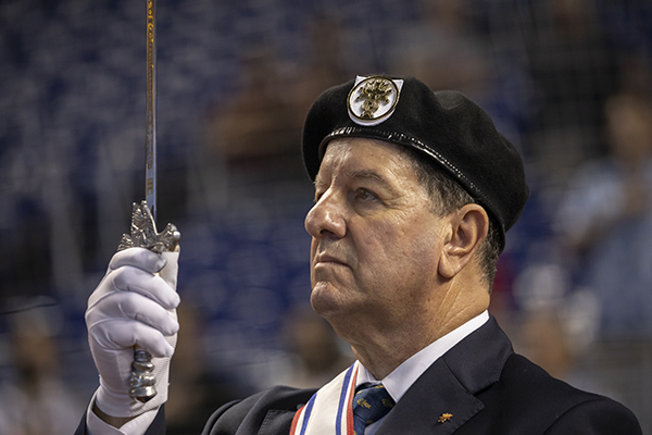 Marc Spinola, Grand Knight of Miami Council 1726, was part of the Color Guard at the beginning of the final Marlins game of the season at LoanDepot Park in Miami. Before the game, faithful had gathered at the stadium for the first ever "Mass at the Park," Oct. 3, 2021.