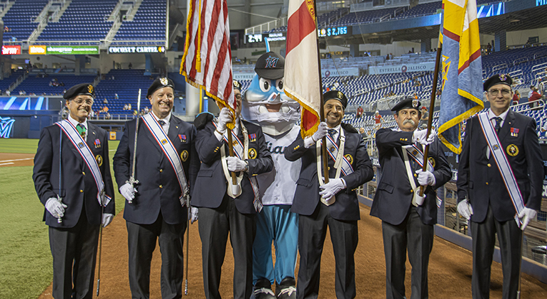 Members of the Knights of Columbus Color Guard from different assemblies throughout the state
participated at the beginning of the final Marlins game of the season at LoanDepot Park in Miami. Before the game, faithful had gathered at the stadium for the first ever "Mass at the Park," Oct. 3, 2021.