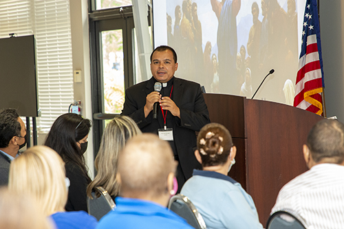 Father Elvis Gonzalez, pastor of St. Michael the Archangel Church in Miami, leads one of the Spanish-language sessions at the Stewardship and Ambassadors of First Impressions Day, hosted by the Office of Development and held at Belen Jesuit Prep Oct. 2, 2021,