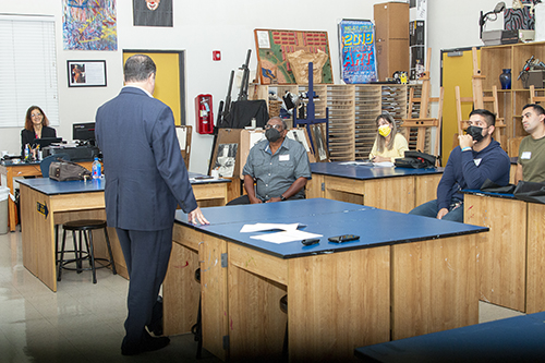 Steven Colella, cabinet secretary for Evangelization and Parish Life, leads an Ambassadors of First Impressions session at Belen Jesuit Prep, Oct. 2, 2021.