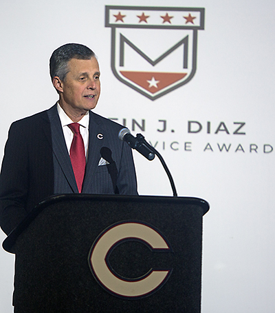 Christopher Columbus High School President Thomas Kruczek addresses those present at the ceremony announcing the establishment of the 
Delfin J. Diaz Marist Service Award, Oct. 13, 2021.