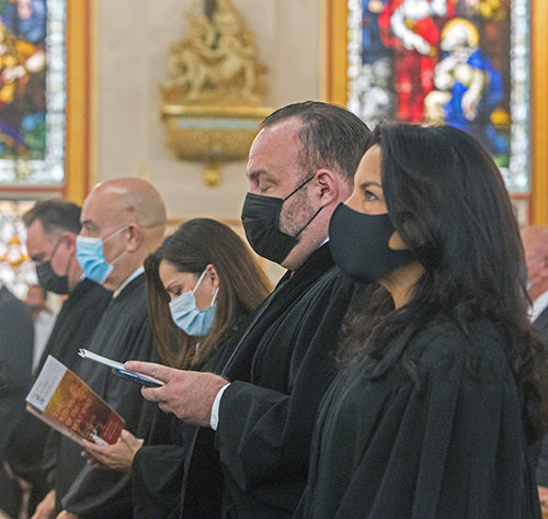 Among those present at the 2021 Red Mass for the Miami Catholic Lawyers Guild were, from left, County Judge Carlos Gamez, Circuit Judge Raul Cuervo, Circuit  Judge Lody Jean, Circuit Judge Robert Watson and Circuit Judge Beatrice Butchko. Archbishop Thomas Wenski celebrated the Mass Oct. 25, 2021 at Gesu Church in downtown Miami.