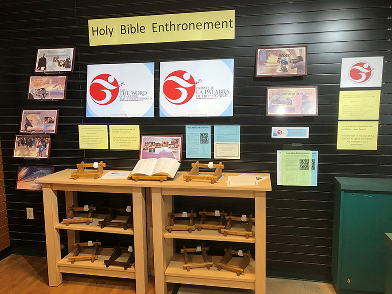 Bible enthronement display at the Pauline Books and Media store in Miami. Each stand comes with a card that explains the enthronement ceremony and a certificate to be signed as a reminder to pray with the Scriptures daily.