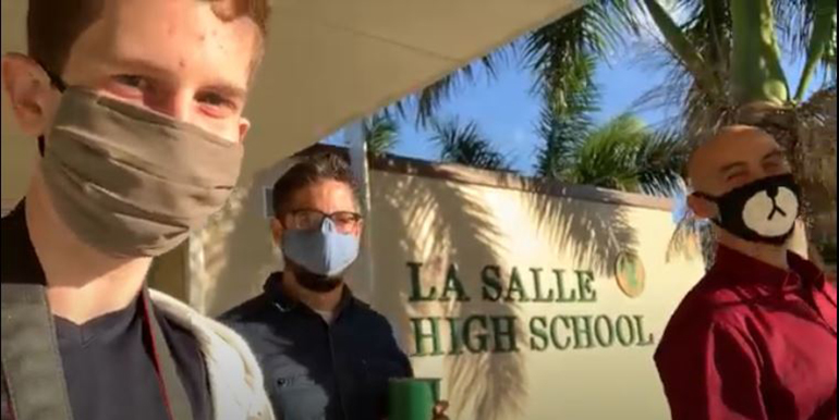 After a filming session of "Showdown," a screenshot from Immaculata-La Salle High student Sean Betancourt's vlog captures a behind-the-scenes moment with his teachers, Eugene Cruz and Tony Mendez. The short film, part anime and part live action, was created by Sean and will be released before the end of 2021.