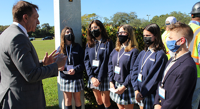 Jan. 14, 2022
FT. LAUDERDALE

City of Fort Lauderdale Mayor Dean Trantalis speaks with student council members at St. Jerome School, who also doubled as student reporters at the groundbreaking for a stormwater project on Jan. 14, 2022. From left to right is Jaedin Slaick, Adriana Zumbado, Kaitlyn Foley, Sabrina Dohert, and Mason Rayfield.