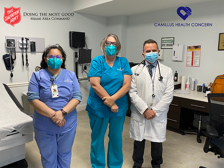 From left: Wendy Arancivia, Rose Anderson and Dr. Christoph Sahar of Camillus Health Concern staff The Salvation Army's Health Resource Center, a primary care clinic serving clients at The Salvation Army Center of Hope emergency shelter in Miami.