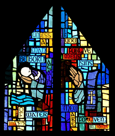In place of a rose window, the north window at St. David Church depicts baptism.