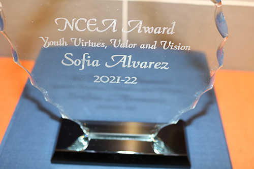 An award plaque is displayed as part of celebrations for Sofia Alvarez, a senior at St. Thomas Aquinas High School in Fort Lauderdale, Jan. 31, 2022.