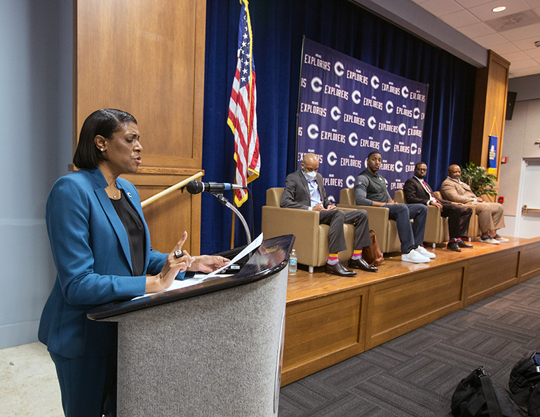 Shirelle Jackson, senior associate athletic director for student-athlete development at the University of Miami and a Columbus High board member, moderates the panel discussion during a Black History and Leadership Lecture Series at Christopher Columbus High School, Feb. 23, 2022.