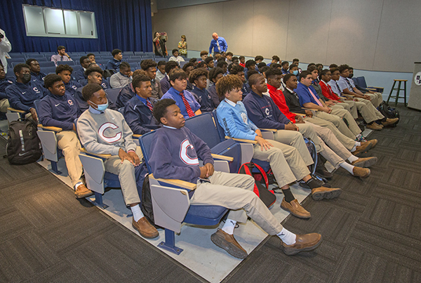 Christopher Columbus High students listen to the Black History and Leadership Lecture Panel held Feb. 23, 2022, that marked Black History Month at the Marist Brothers' all-boys school.