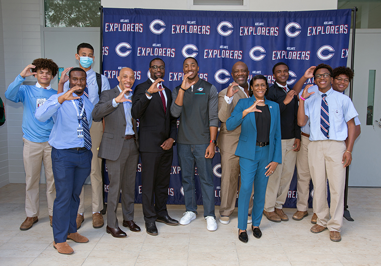 Christopher Columbus High School students and Black professionals pose for a photo after taking part in the Black History and Leadership Lecture Panel held Feb. 23, 2022, that marked Black History Month at the Marist Brothers' all-boys school.