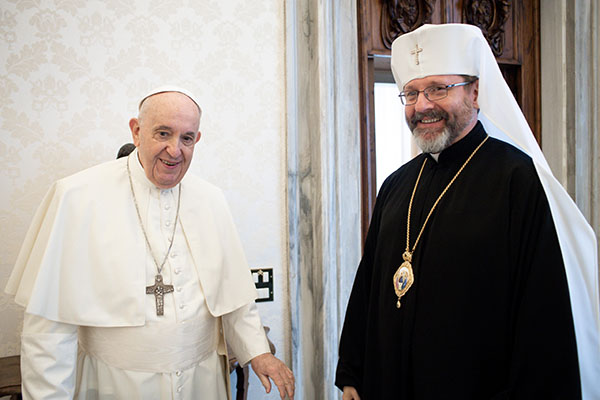 Pope Francis is shown here during his meeting with Sviatoslav Shevchuk, Major Archbishop of Kyiv-Halych, and leader of the Ukraining Greek Catholic Church, Nov. 11, 2021.