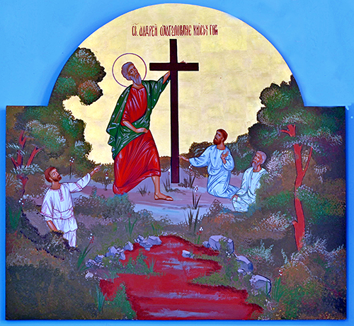 St. Andrew blesses a cross in what is now Ukraine. Tradition says that Andrew, one of the original 12 disciples, preached in the region north of the Black Sea.
