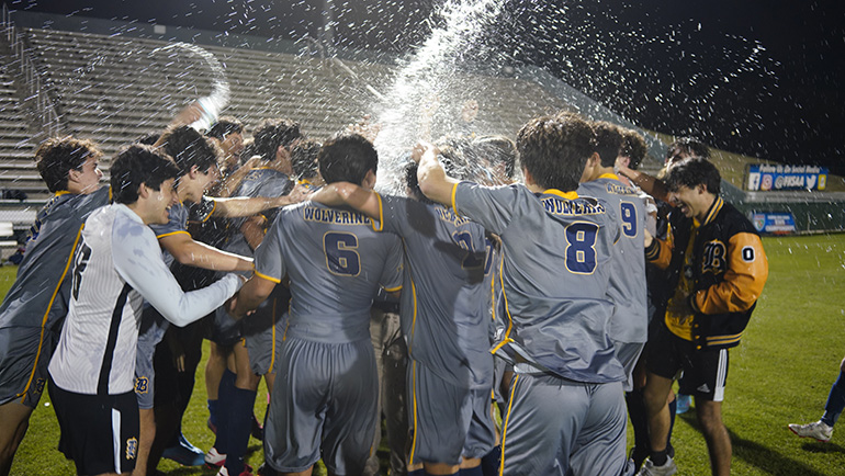 Belen Jesuit Prep's soccer team celebrate after winning their second consecutive state championship with a 1-0 defeat of Panama City Beach's Arnold High, Feb. 26, 2022.