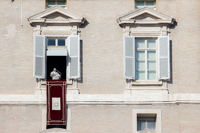 Pope Francis is seen here during the Angelus in St. Peter's Square at Vatican City, Jan. 1, 2022.
