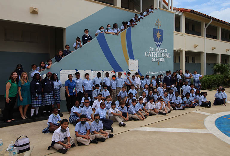 "We Are All God's Wonders"  brought together over 80 fifth graders, faculty and staff from St. Mary Cathedral School and St. Louis Covenant School on March 17, 2022 at St. Mary's. After reading 'Wonder' by R.J. Palacio together, but from a distance, students from both schools spent the day doing activities revolving around the novel and getting to know each other better.