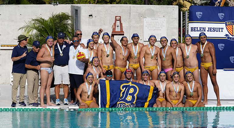 Members of Belen Jesuit Prep's water polo team rejoice after defeating the team from Orlando's Dr. Phillips High School 17-13 to win the FHSAA state championship and complete an undefeated season.