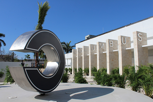 The trademark Christopher Columbus High "C" is seen outside the new Marcus Lemonis and Mario Sueiras Center for Science and the Arts building. It was a gift to the school in honor of Patrick and Mary Ann Bell.