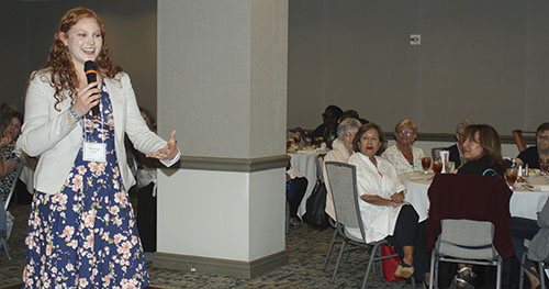 Chloe Spinger, 17, the 2020 Golden Rose Award winner for he Diocese of Venice, was the main speaker during the Miami Archdiocesan Council of Catholic Women's Golden Rose awards luncheon held on the second day of their 62nd annual convention, April 29-May 1, 2022, in Deerfield Beach.