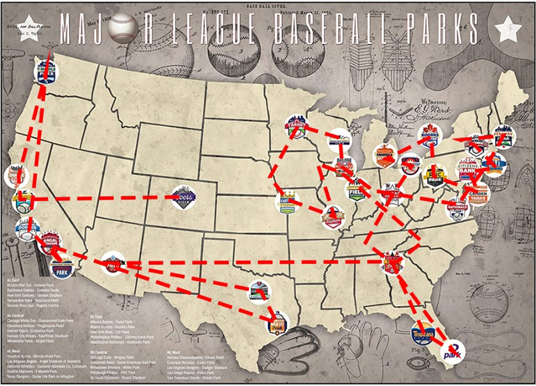 Map of the 11-week, 17,000-mile summer tour of all 30 baseball parks that Franciscan Friars Casey Cole and Tito Serrano. The tour starts in Miami this Friday, May 20, and moves to St. Mark Church in Southwest Ranches on Sunday, May 22, 2022.