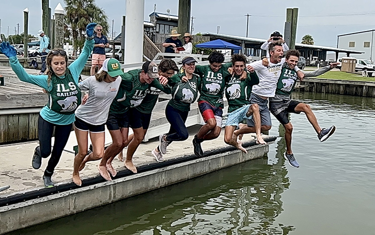 Immaculata-La Salle's sailing team celebrate after winning their first national championship, the Baker Team Racing National Championship, in Houston, Texas, the weekend of May 21-22, 2022.
