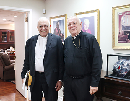 Venezuela’s Cardinal Baltazar Porras meets with Miami Archbishop Thomas Wenski at the Pastoral Center of the Archdiocese of Miami, May 2, 2022. This visit was the last stop of Cardinal Porras' tour of several cities in the United States, where he brought a relic of Blessed José Gregorio Hernández's and met with the Venezuelan diaspora.