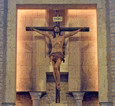 Main crucifix is made of Spanish juniper and Brazilian mahogany, created by sculptor Jesús Curquejo-Murillo of Sevilla, Spain.