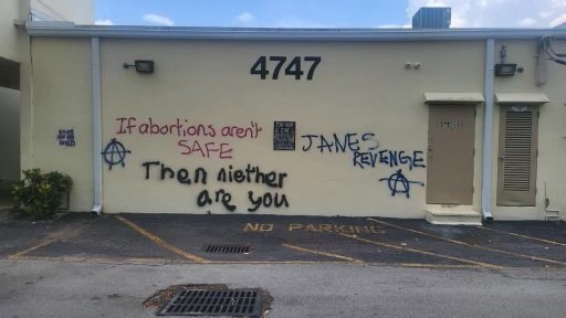 Picture of the vandalized outer walls of the Respect Life Ministry's main office in Hollywood. The vandalism took place shortly before midnight May 28, 2022.