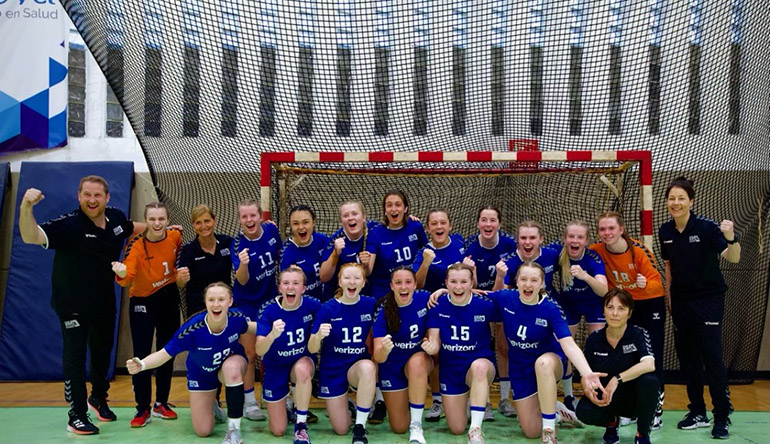 Handball player Amanda Sumalla, #2 in front, poses with the U.S. Women Junior National Team, which she first joined in 2019. She is representing the U.S. at the Women's Junior World Championship in Slovenia from June 22 to July 3, 2022.