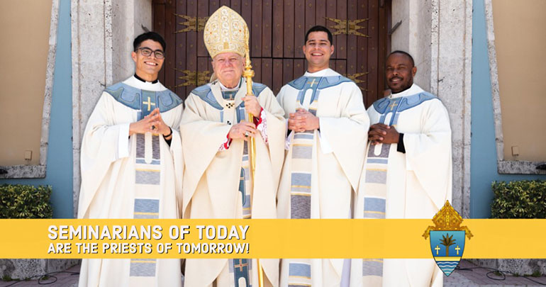 Miami's newest priests pose with Archbishop Thomas Wenski after their ordination in May 2022. From left: Father Agustin Estrada, currently serving at St. Gregory in Plantation; Father Enzo Rosario Prendes, currently serving at Sts. Peter and Paul in Miami; and Father Cesar Betancourt, currently serving at St. John Neumann in Miami.