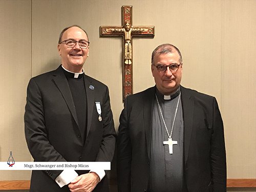 Msgr. Kenneth Schwanger, pastor of Our Lady of Lourdes Parish in Miami, poses with Bishop Jean-Marc Miras of Tarbes, France, during their mutual stop in Los Angeles at the conclusion of the tour of St. Bernadette's relics through the U.S., Aug. 2, 2022.