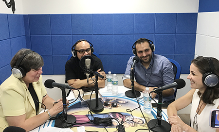 During the recording of an episode of the archdiocesan podcasts Cuéntame Católico and What the Faith, Miami? Ana Rodríguez-Soto, editor of the Miami edition of the Florida Catholic and executive editor of La Voz Católica (left) talks about the making of the film Slaves and Kings, the story of St. Anthony Mary Claret, with Father Byron Macías, chaplain of St. Paul Catholic Newman Center, in Fresno, California and spokesperson for the film in the United States; Pablo Moreno, director, screenwriter and producer of the film; and Lucía González, founder of Bosco Films, in charge of distributing the film.