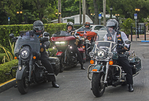 Knights on Bikes leave St. Hugh after the Mass and prayer service Aug. 14, 2022. The stop at the Coconut Grove parish was part of the annual Silver Rose pilgrimage through the U.S. and Canada that the Knights on Bikes make to honor Our Lady of Guadalupe and promote the sanctity of human life.