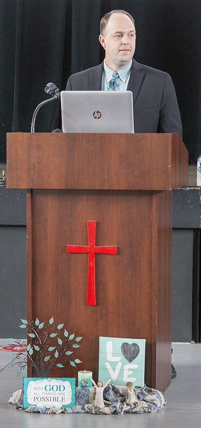 Superintendent of Schools Jim Rigg speaks to around 250 new teachers - both new to teaching and/or new to archdiocesan Catholic schools - during a spirit-filled and inspiring orientation session Aug. 9, 2022, while gathered at Msgr. Edward Pace High School in Miami Gardens.