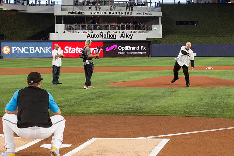 Archbishop Thomas Wenski throws out the first pitch during Catholic Night at Loan Depot Park, before the start of the Miami Marlins-New York Mets game, Sept. 9, 2022.