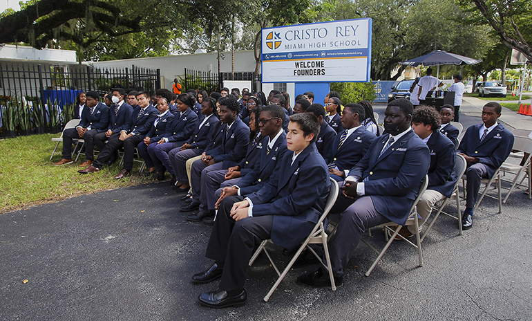 Cristo Rey students participate in the ribbon-cutting ceremony to open Cristo Rey High School in North Miami, Sept. 15, 2022.
