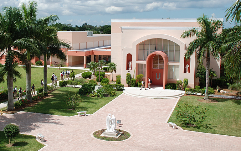 Partial view of the campus of Archbishop Edward McCarthy High in Southwest Ranches, with the chapel in the center.